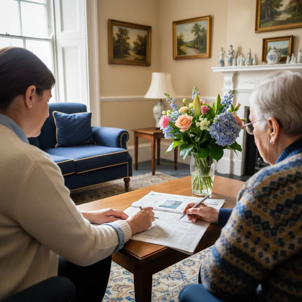 A bright, homely lounge in one of the Care Plus Homes