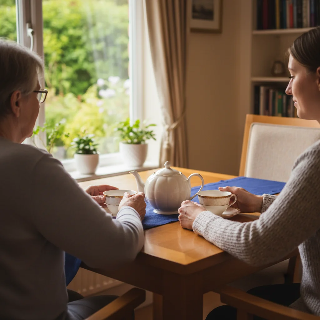 A carer sitting and talking with an older resident over tea in a comfortable lounge